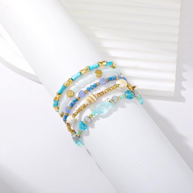 Pymach Store Dainty Gold Plated Pearl Crystal Beaded Bracelets Set for Women 14K Gold Plated Bead Pearl Beads Bracelet Stackable Paperclip Link Chain Bracelets Gold Plated Bracelets for Women Trendy Jewelry - Image 4